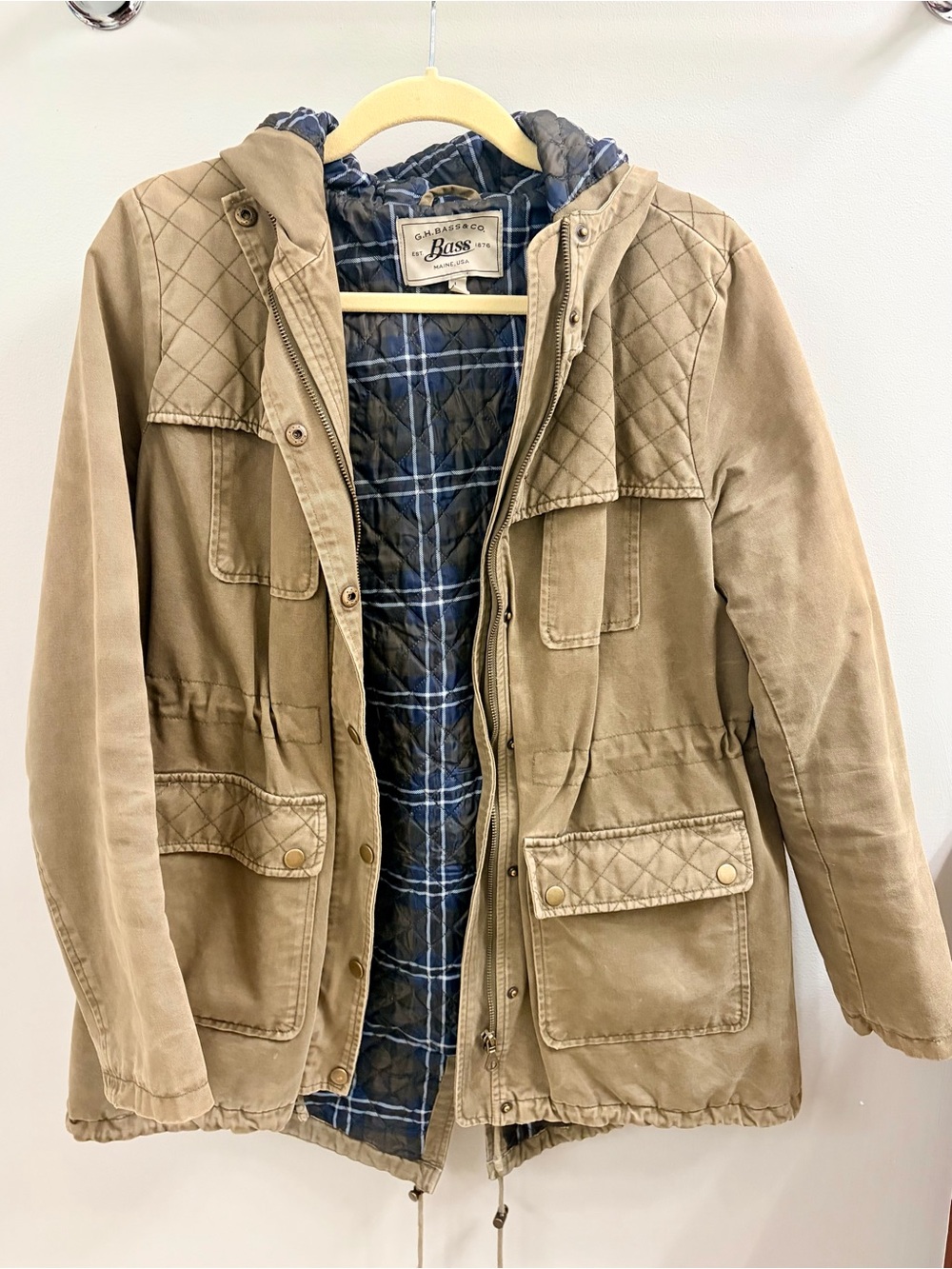 Bass Quilted Hooded Field Jacket - olive green with Navy Plaid Lining